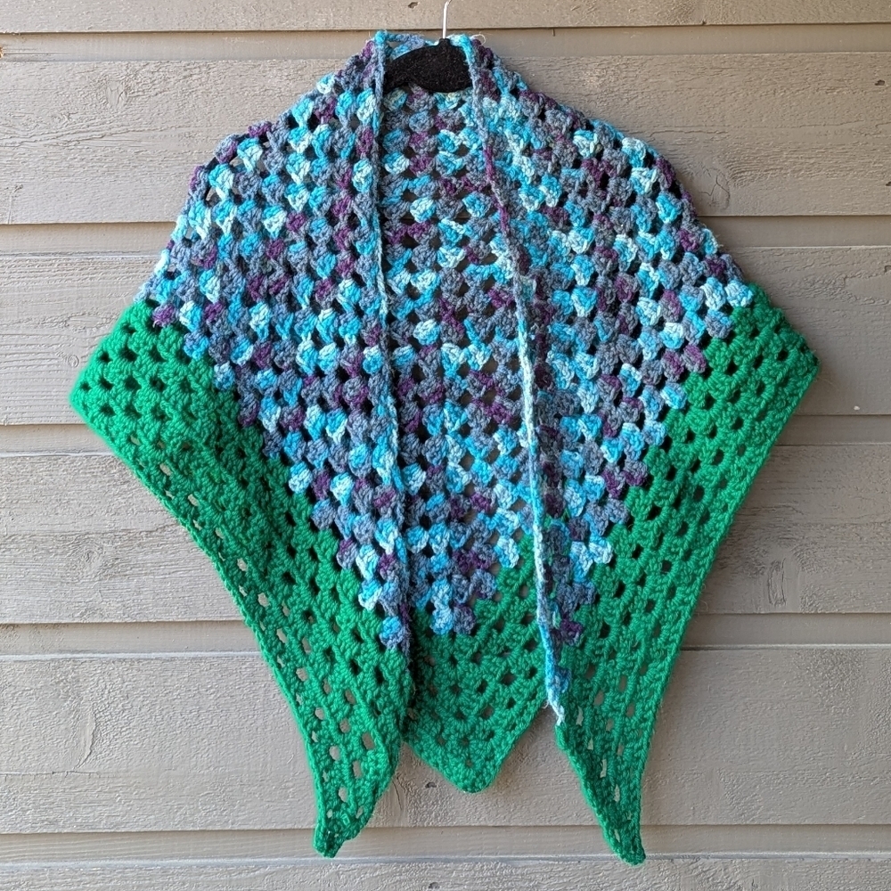Handmade Colorful Crochet Triangle Shawl Green Aqua Purple Gray